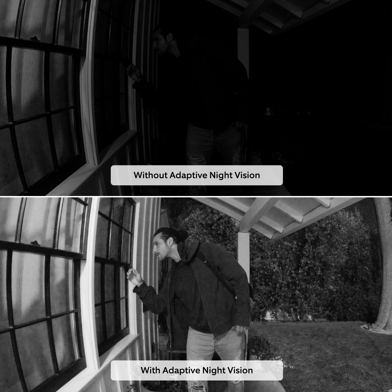 Split view image comparing image of man peering through window at night. Dark scene at top, clearly illuminated scene below