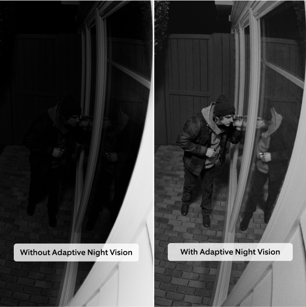 An image is a split screen. On the left we see a darkened view of a person peering intro a house through patio doors. On the right, we see the same view, except this time the view is bright and clear. 