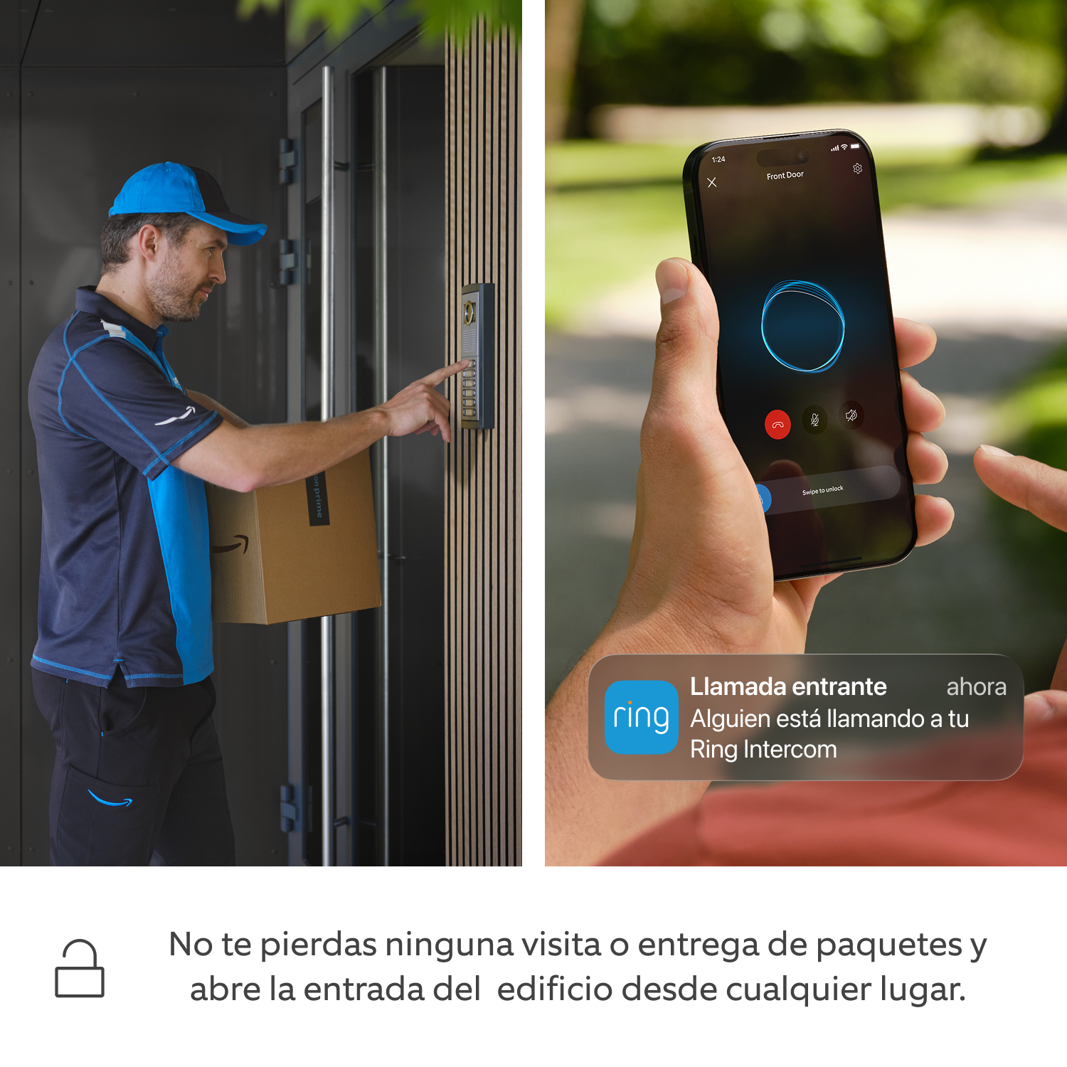 Ring Intercom Audio - Una pantalla dividida entre un repartidor que llama al interfono de un edificio y un runner que ha recibido una notificación push y está consultando la transmisión de audio en la app de Ring.