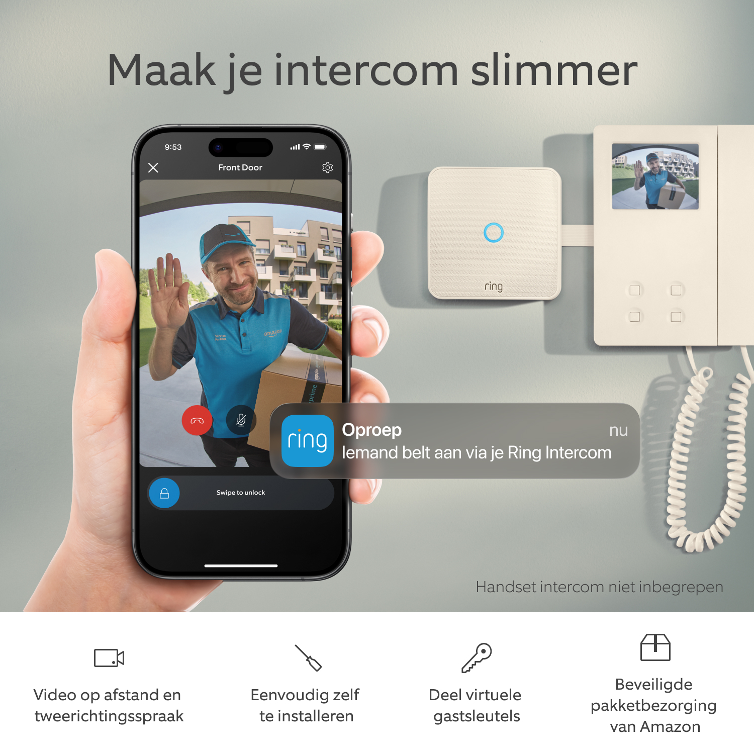 Ring Intercom Video - Een hand die een smartphone vasthoudt met de videofeed in de Ring-app. Op de achtergrond de Ring Intercom Video.