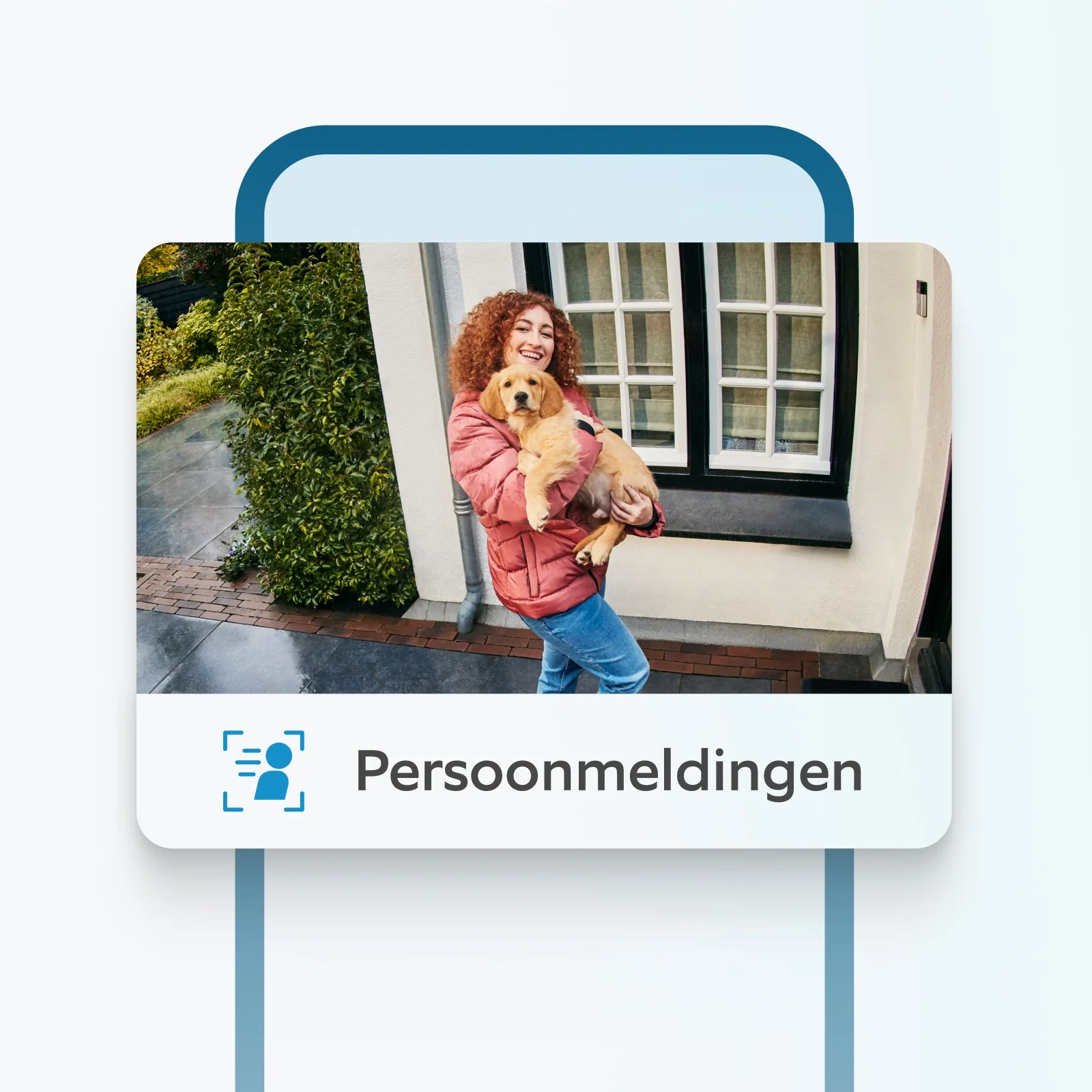 Ring camera detecteert een vrouw in rode jas met een puppy op de veranda, met Persoon Gedetecteerd-melding.