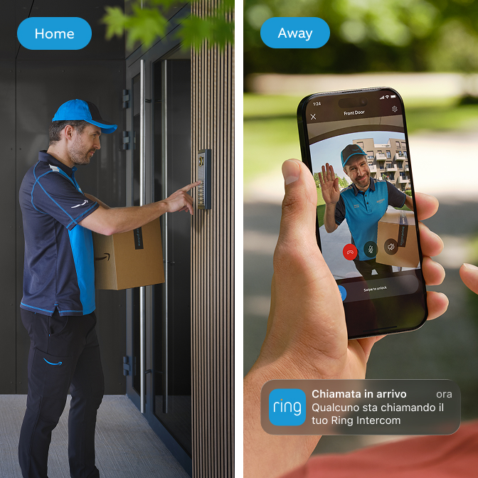 Una schermata in cui vengono mostrati un corriere che suona al citofono di un edificio e un jogger che ha ricevuto una notifica push e sta controllando il feed audio sull'app Ring.