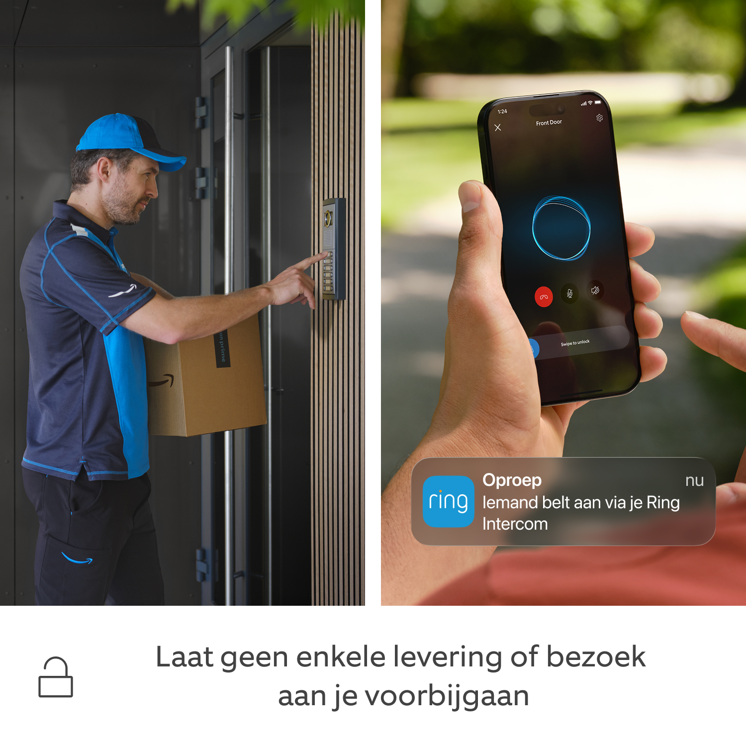 Ring Intercom Audio - Een jogger die luistert naar een audiobericht van een Ring Intercom