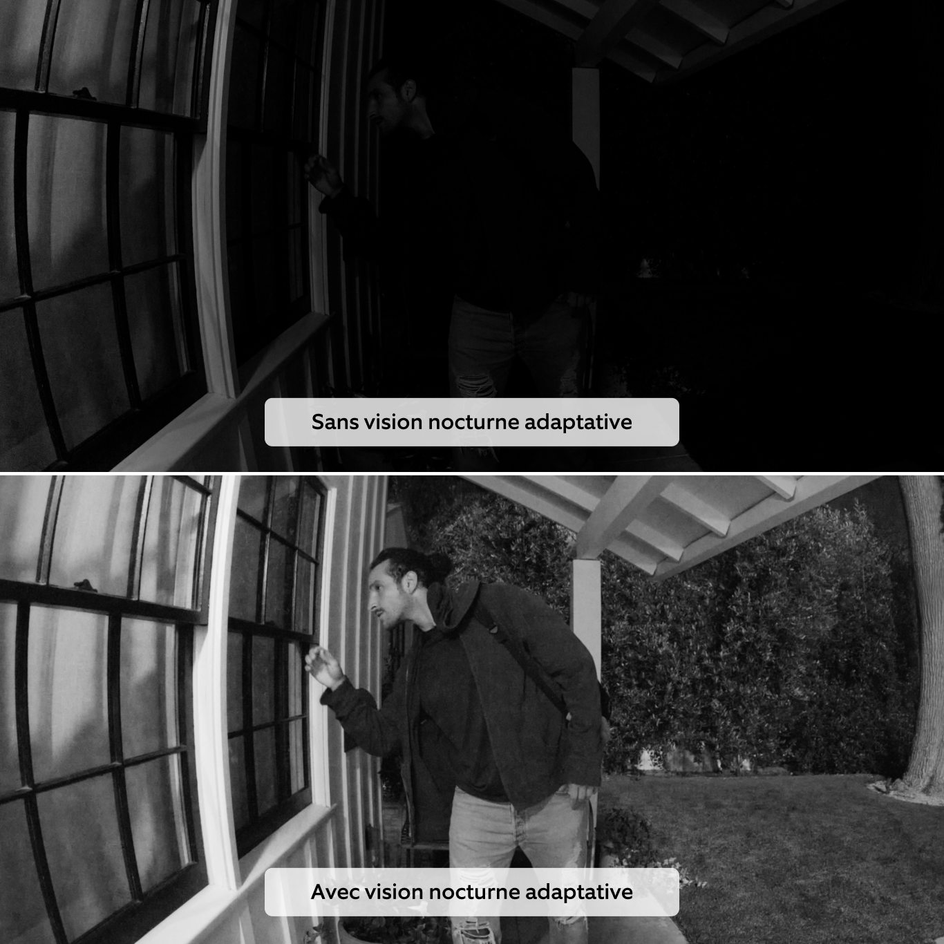 Vue divisée comparant un homme regardant par la fenêtre la nuit. Scène sombre en haut, scène éclairée en bas.