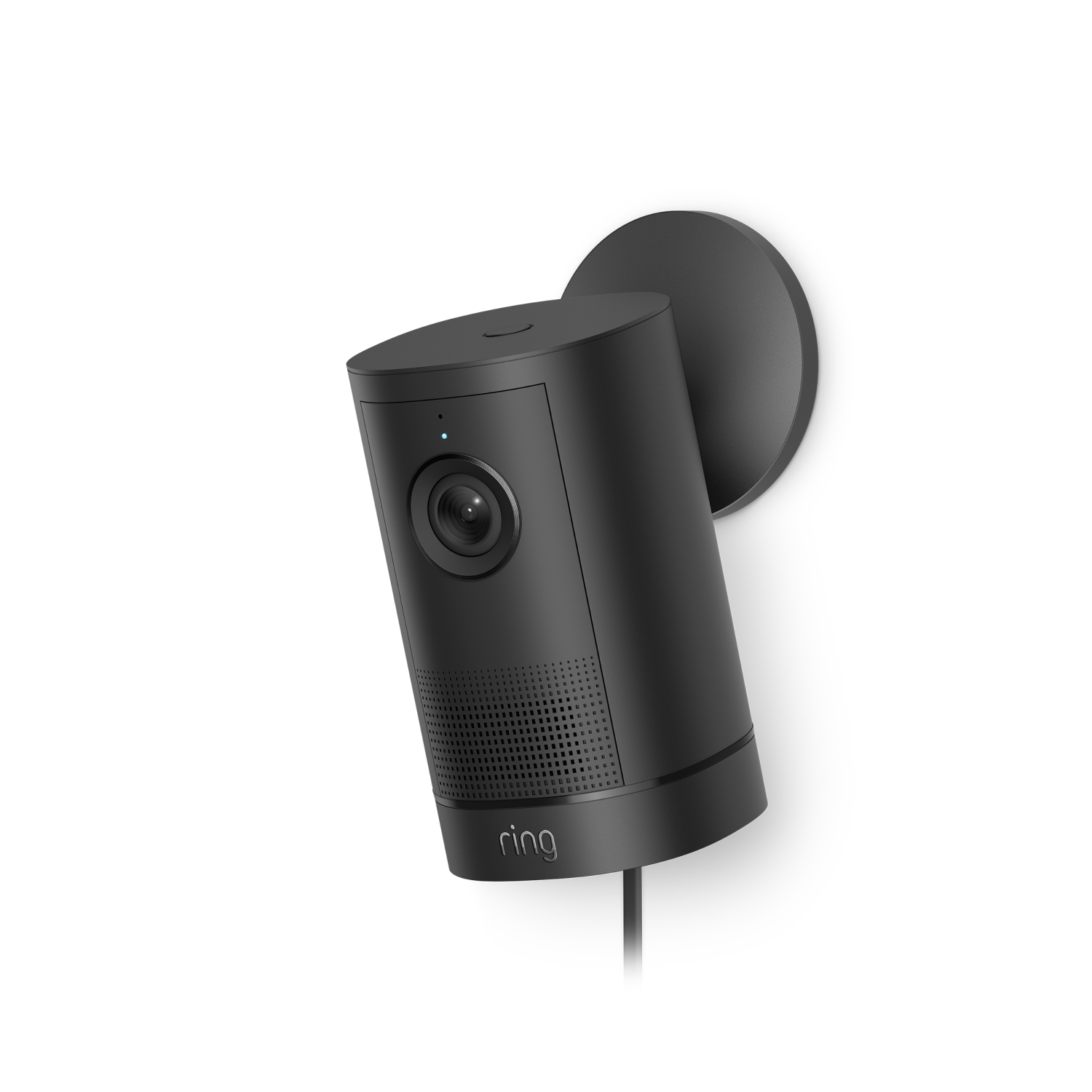 Outdoor Camera 4K Plus  - Black Ring Outdoor Camera 4K Plus Plug-in, mounted on a circular wall bracket against a white background, angled slightly downward