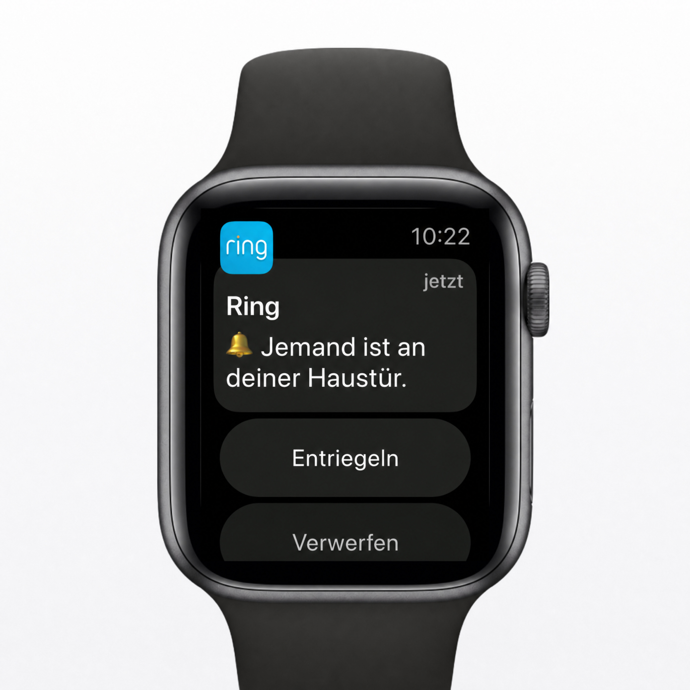 Eine Apple Watch, die die Ring-Gegensprechanlage-Benachrichtigung anzeigt.