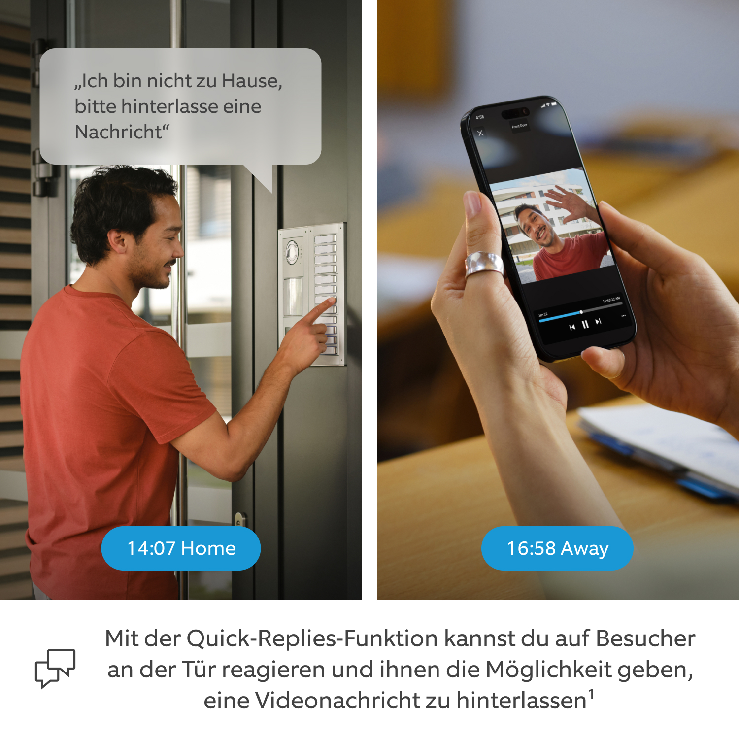 Ring Intercom Video + Schnellwechsel-Akkupack - Ein geteilter Bildschirm, auf dem zum einen ein Jogger zu sehen ist, der die Hauptgegensprechanlage betätigt und zum anderen eine Studentin, die sich später im Tagesverlauf noch einmal die vom Jogger hinterlassene Video-Sprachnachricht ansieht.