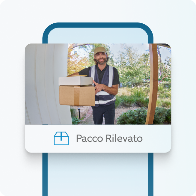 Corriere con pacco alla porta d'ingresso, visto nell'anteprima dell'app Ring con testo di rilevamento pacchetto.