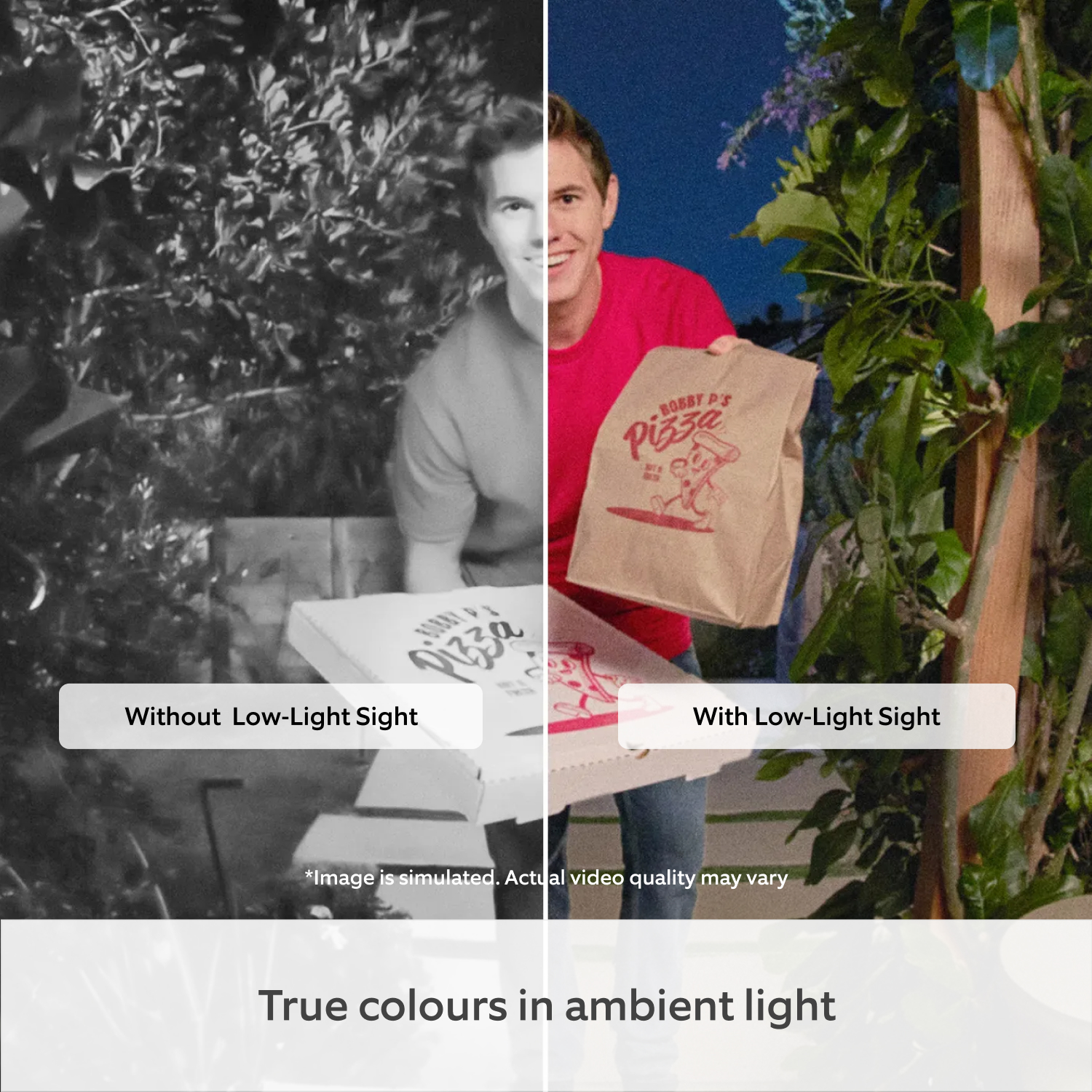 Wired Video Doorbell Elite (newest Generation) (for Featuring Retinal 4K) - Split-screen of one image showing a pizza delivery person. Left side is black and white image quality with the text reading 