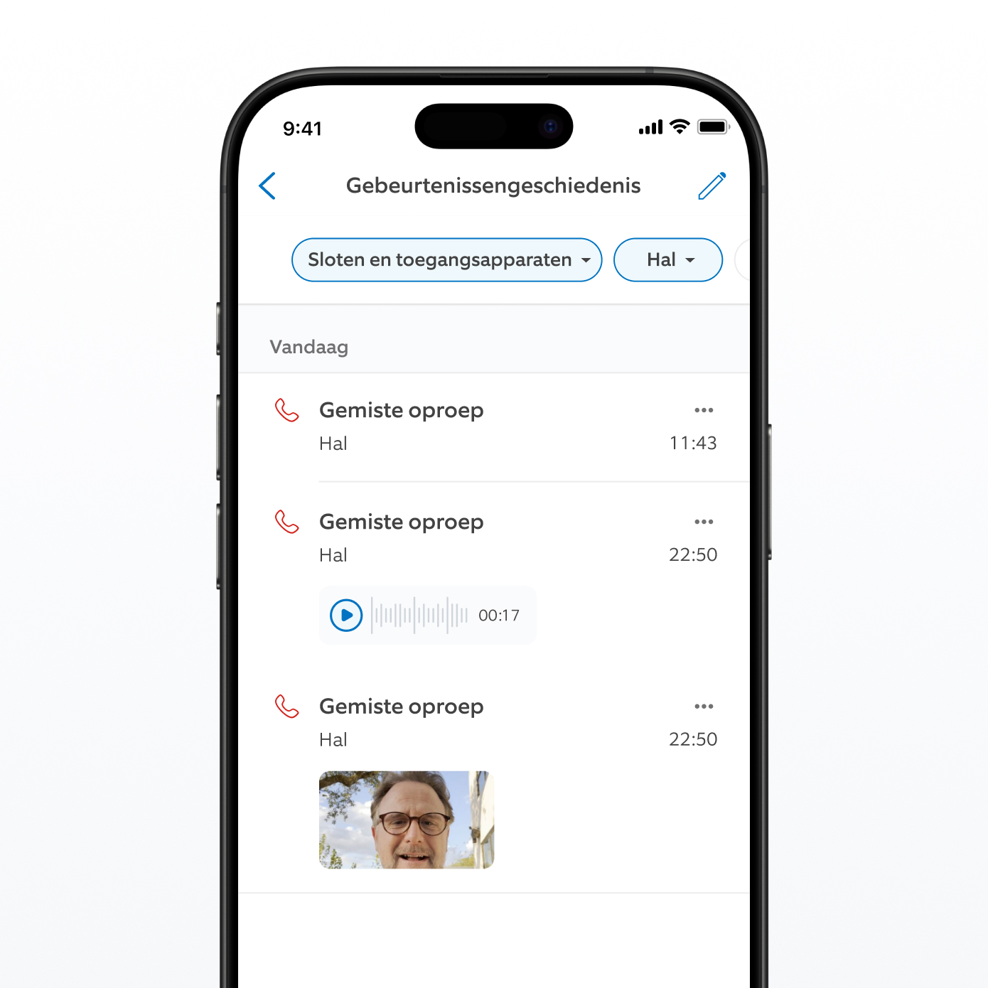 Een schermafbeelding van de Ring-app met de tijdlijn van gebeurtenissen.