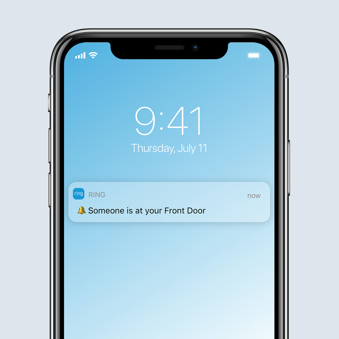 Smartphone screen showing a Ring app notification alert for someone detected at the front door.
