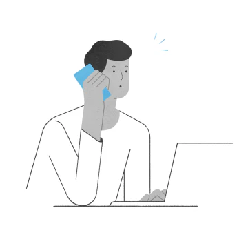 illustrated person on phone while using laptop, symbolising Ring Alarm Calls emergency contact feature.