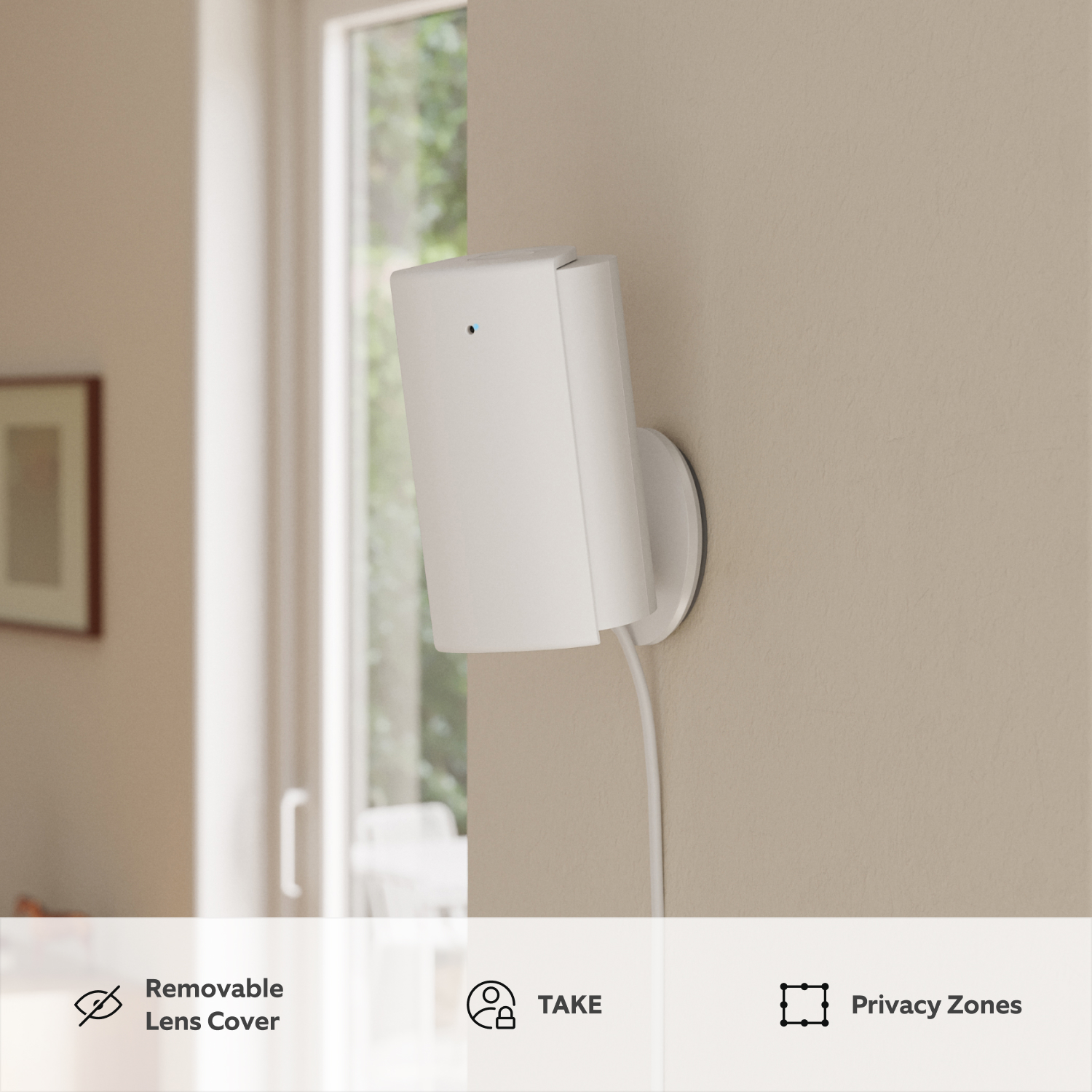 Indoor Camera 4K - White Indoor Camera 4K mounted on a wall, showing its removable lens cover and privacy features.