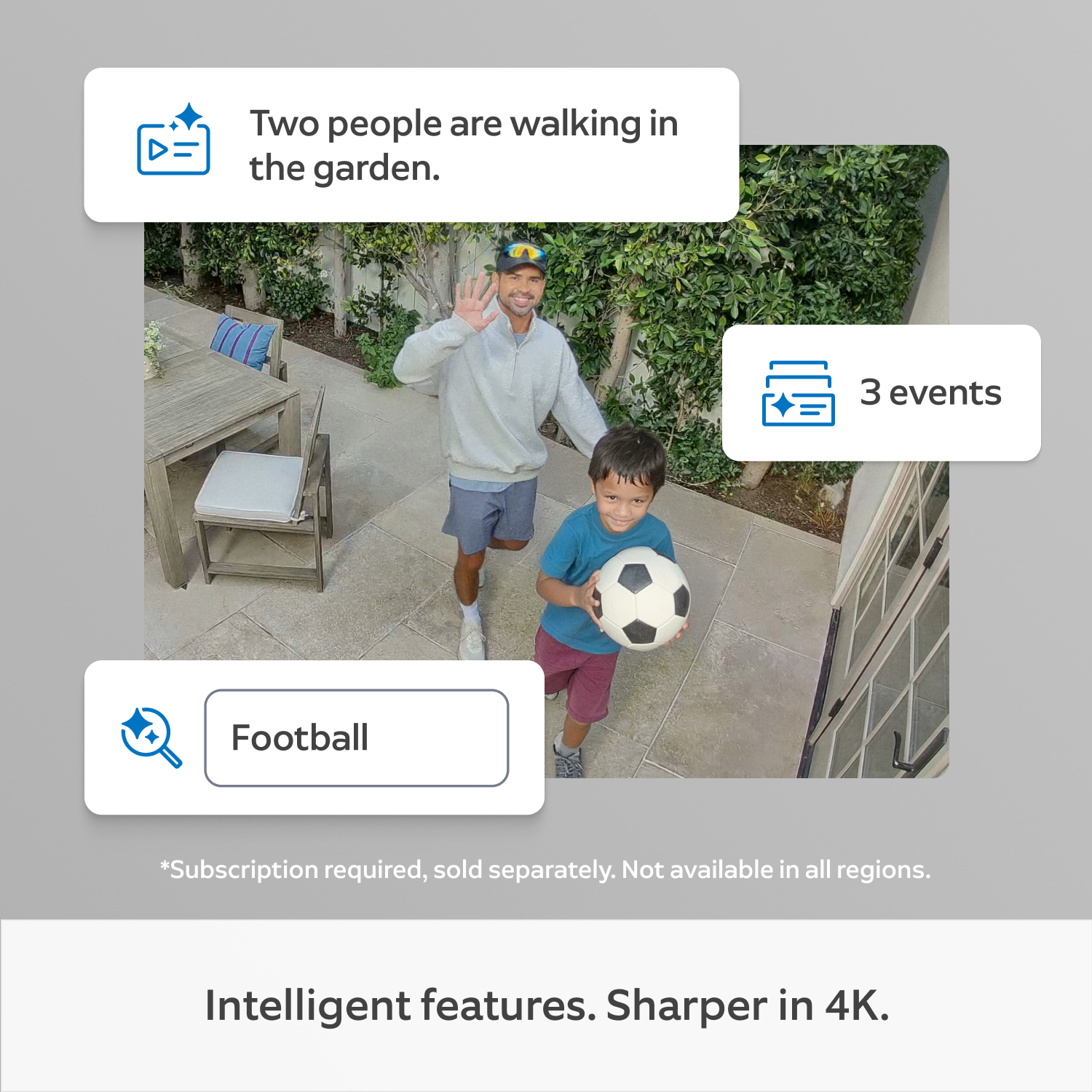 Outdoor Camera 4K Plus  - Ring Outdoor Camera 4K Plus displays Intelligent Features with garden footage of father and son and 3 scene notifications