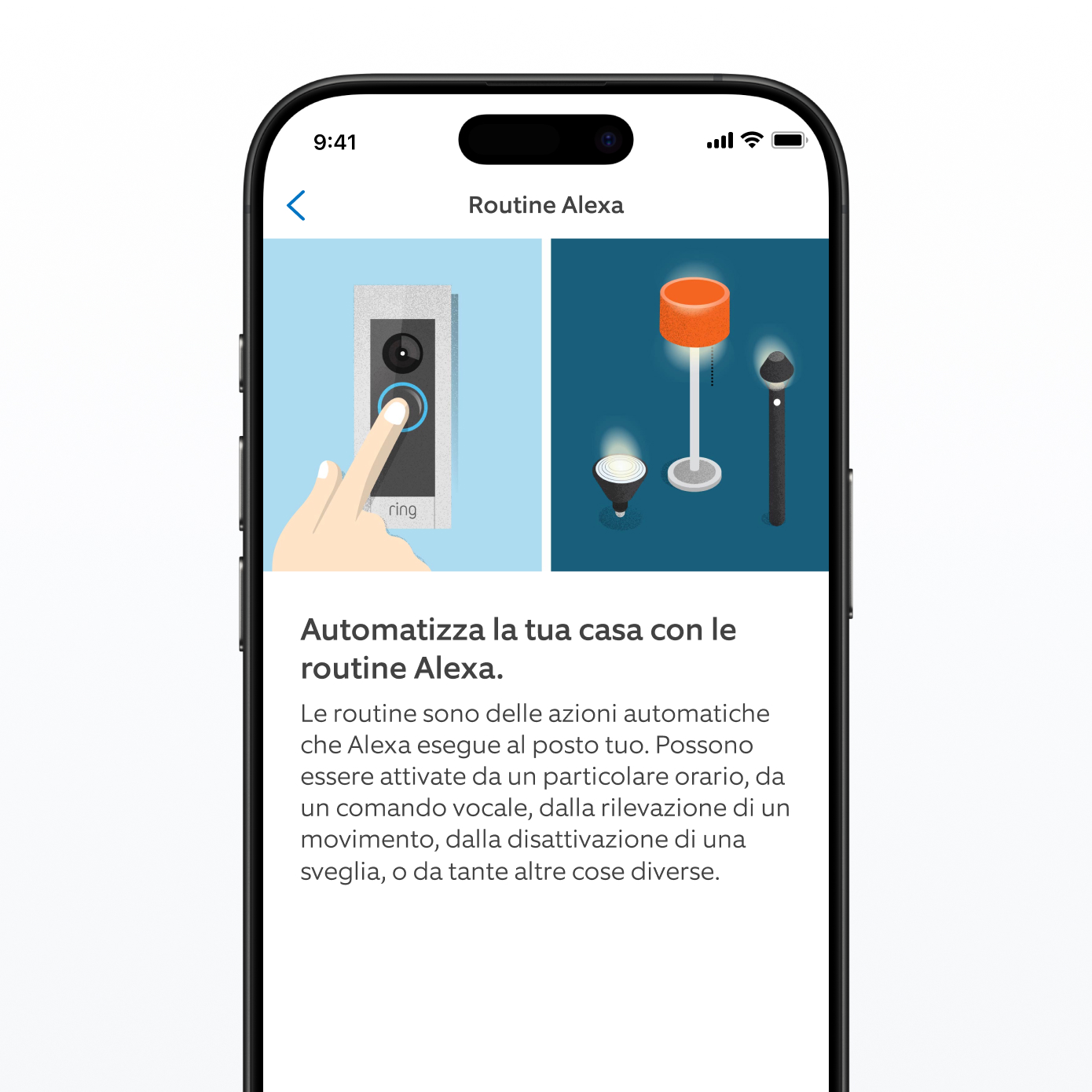 Uno smartphone che mostra la configurazione di Alexa dall'app Ring.