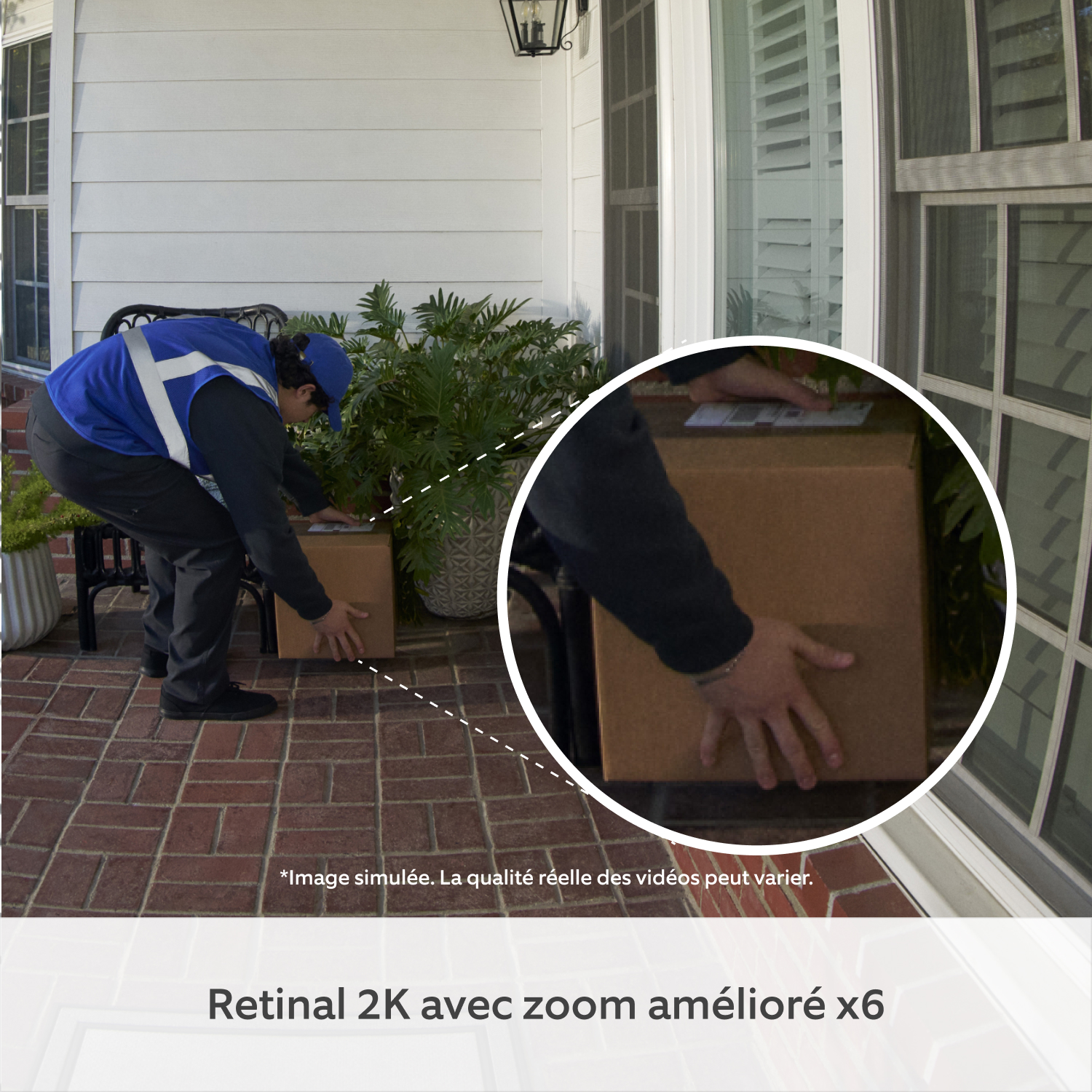 Sonnette vidéo Plus sans fil (nouvelle génération) (for Battery Video Doorbell Plus) - Un livreur dépose un colis devant une porte, avec zoom sur les mains et le paquet.