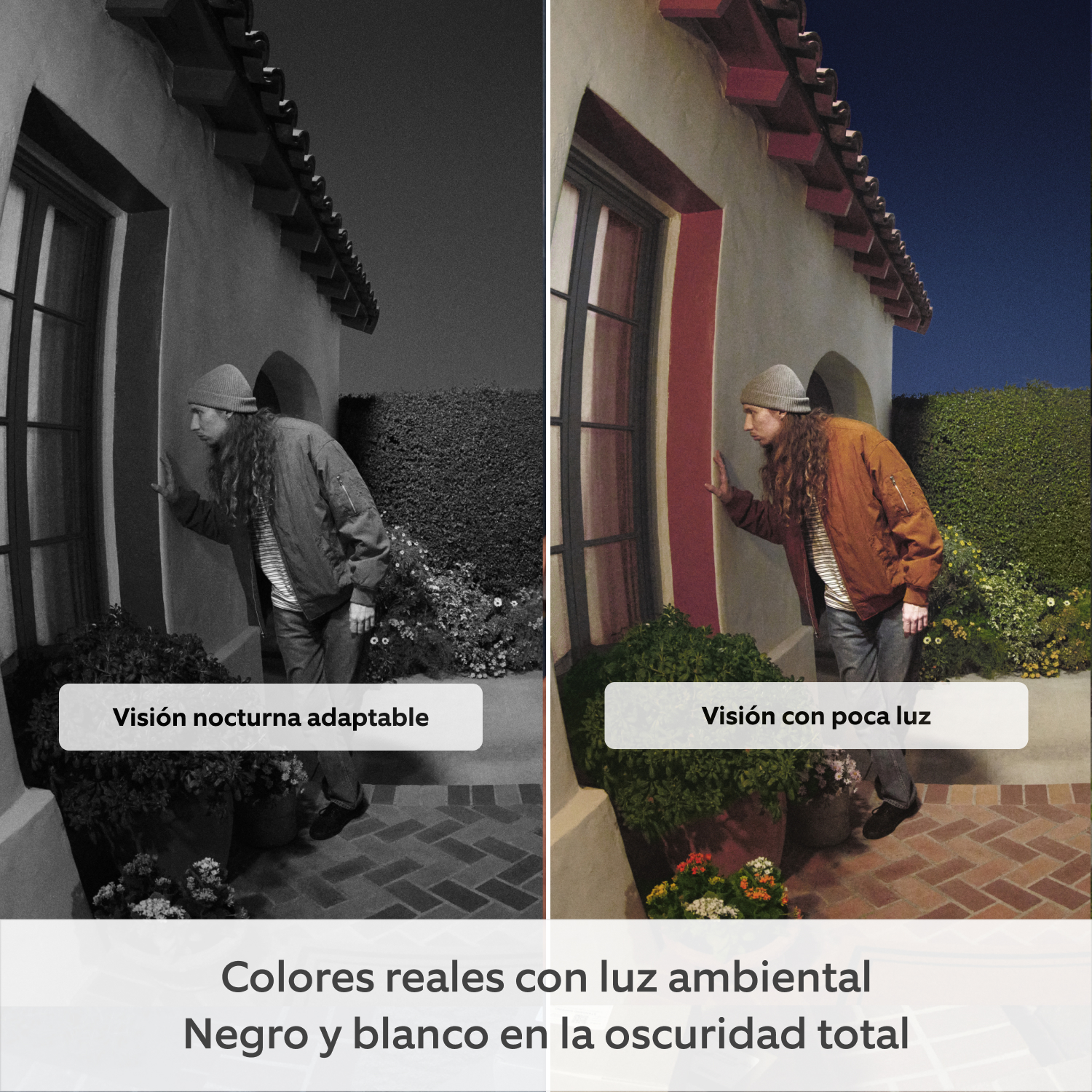 Videotimbre Pro con batería (última generación) (for Battery Video Doorbell Pro) - Pantalla dividida de una imagen que muestra la diferencia en la calidad de imagen con y sin visión con poca luz y visión nocturna adaptable