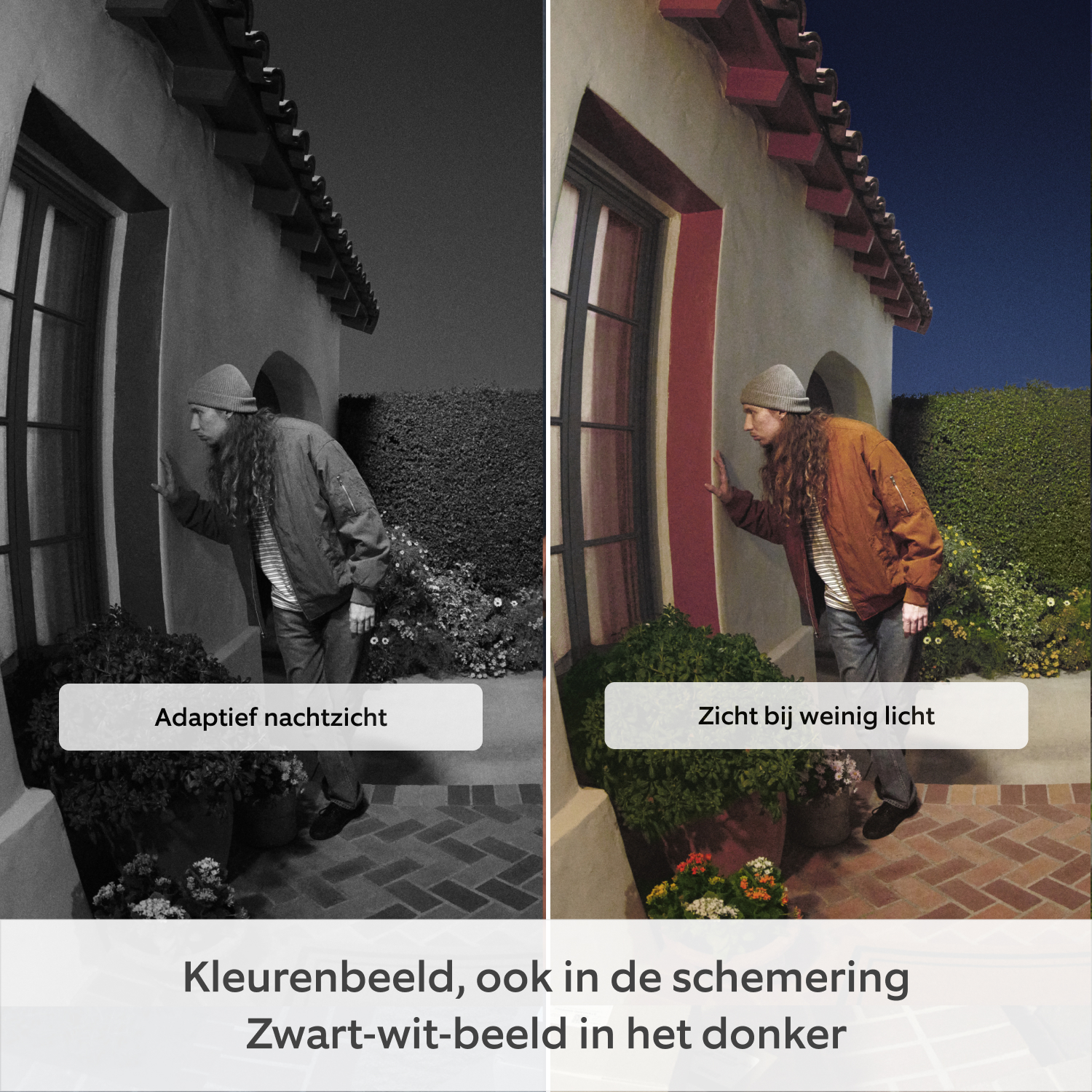Videodeurbel Pro op batterij (nieuwste generatie) (for Battery Video Doorbell Pro) - Afbeelding met gesplitst scherm die het verschil in beeldkwaliteit laat zien met en zonder zicht bij weinig licht en adaptief nachtzicht