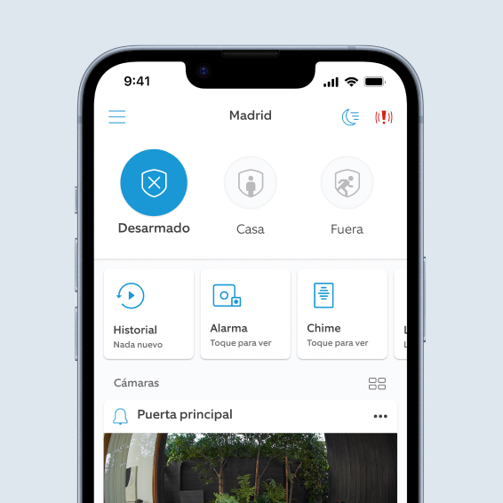 Phone shows Ring app dashboard with security modes, device status, and live camera feed at front door.