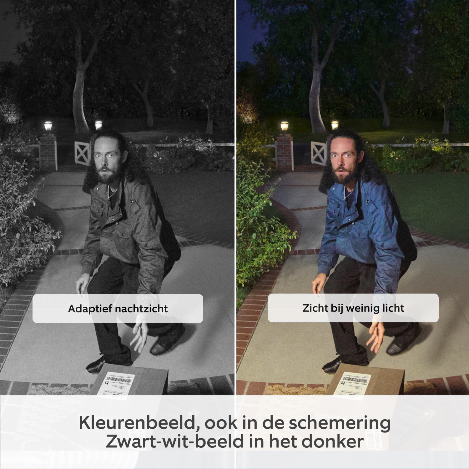 Videodeurbel Plus op batterij (nieuwste generatie) (for Battery Video Doorbell Plus) - Afbeelding met gesplitst scherm die het verschil in beeldkwaliteit laat zien met en zonder zicht bij weinig licht en adaptief nachtzicht