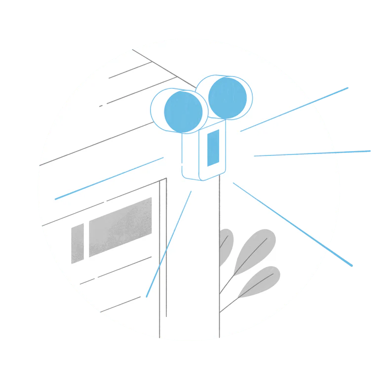 Ring camera met schijnwerpers aan muur bevestigd, bewegingsdetectie getoond door blauwe waarschuwingslijnen.