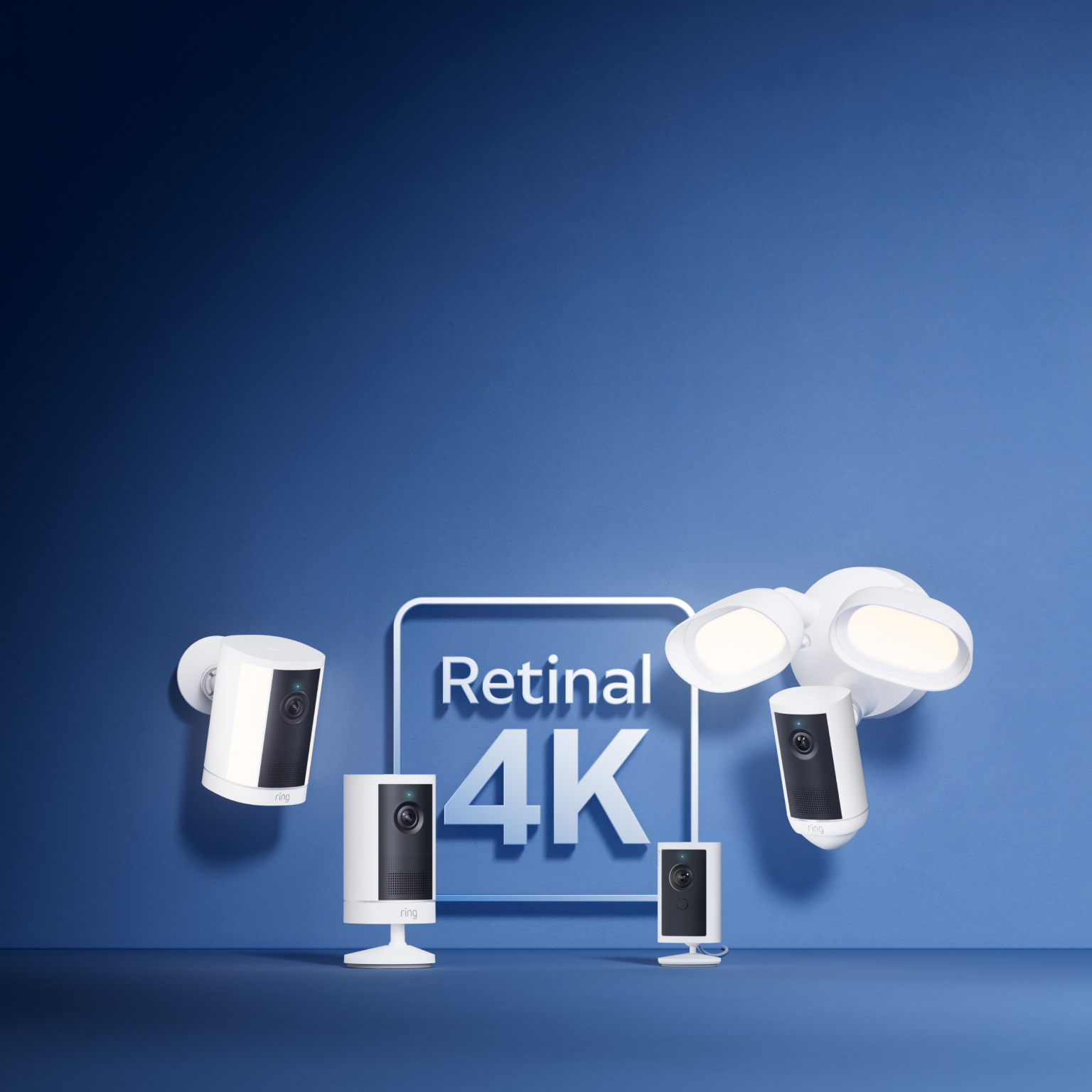 Image of All-New Retinal 4K Indoor and Outdoor Cameras on a blue background.