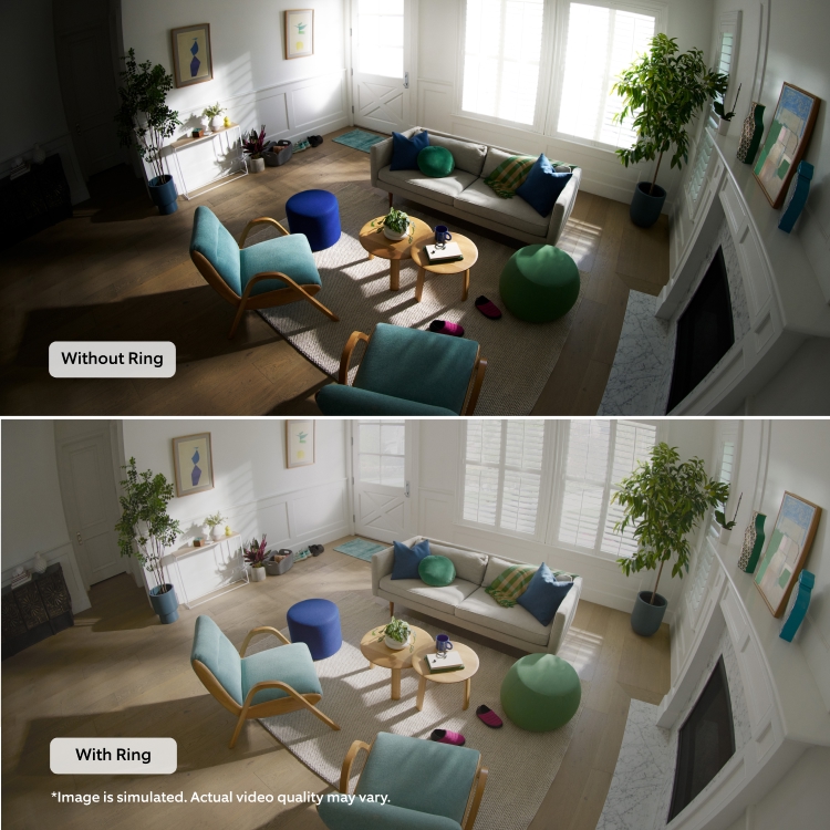 Image shows a split comparison image of a modern living room: top labeled 