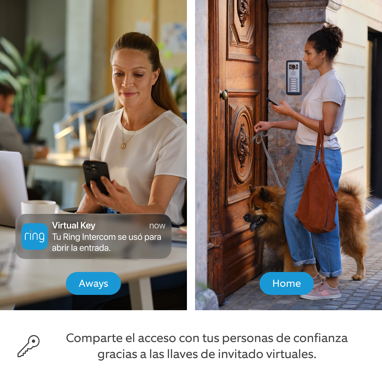 Ring Intercom Video + Batería recargable - Pantalla dividida: mujer revisando notificación en app Ring y otra mujer con perro esperando frente a puerta.