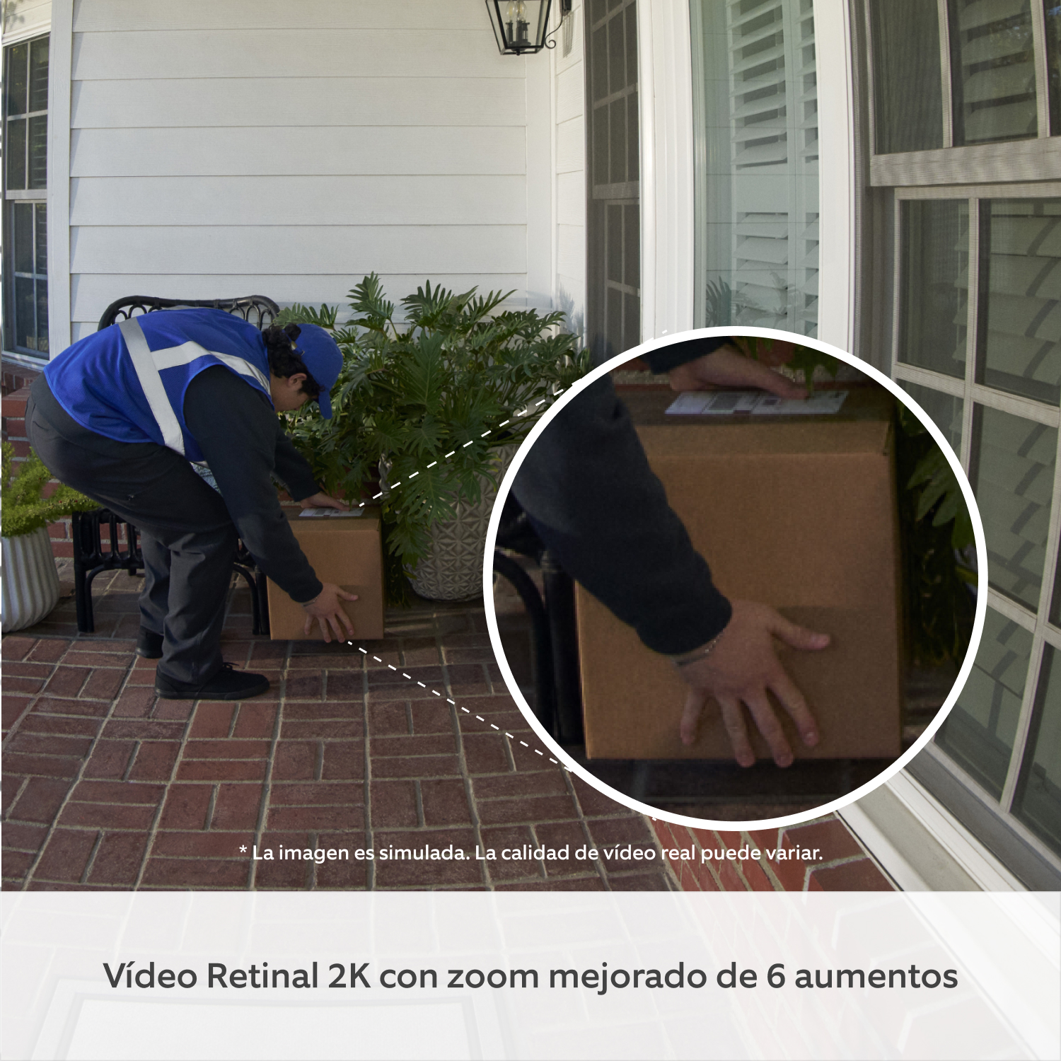 Videotimbre Plus con batería (última generación) (for Battery Video Doorbell Plus) - Repartidor dejando un paquete delante de una puerta con sección de imagen ampliada en las manos y el paquete