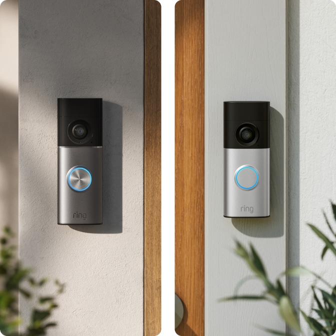 Split screen view. Left Wired Video Doorbell Plus mounted on a white door next to a door lock. Right Wired Video Doorbell Pro (3rd Gen) mounted on a white wall.