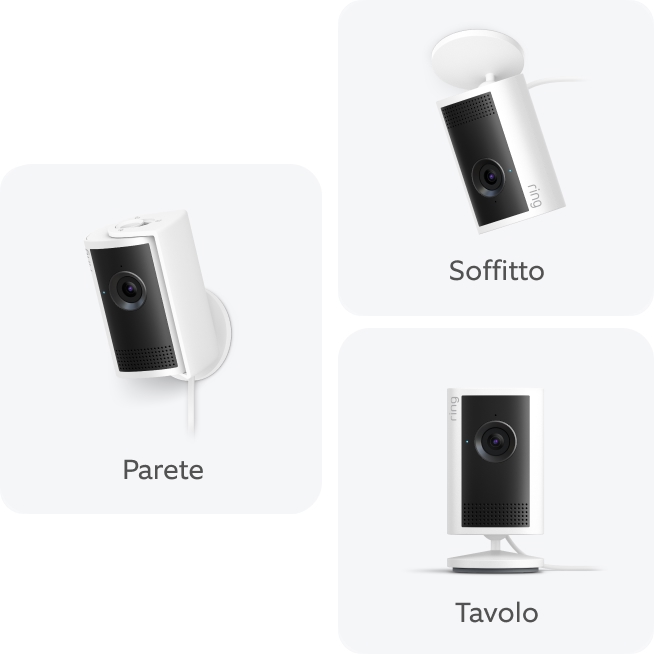 Un'immagine che mostra tre opzioni di montaggio per Indoor Cam Plus: a parete, su supporto da tavolo e a soffitto.