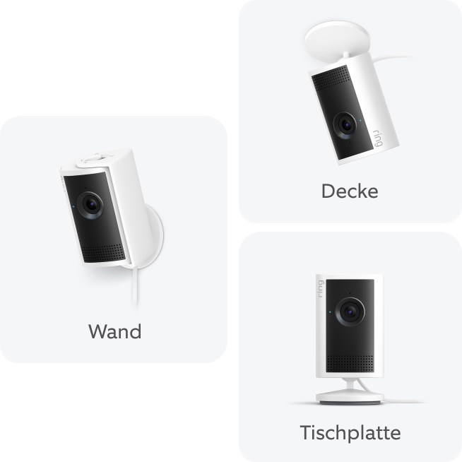Ein Produktvergleich der Indoor Cam Plus mit drei Montagemöglichkeiten: Wandmontage, Tischständer und Deckenmontage.