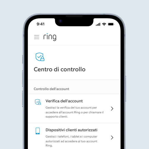 Centro di controllo dell'app Ring con opzioni per gestire la verifica dell'account e i dispositivi autorizzati.