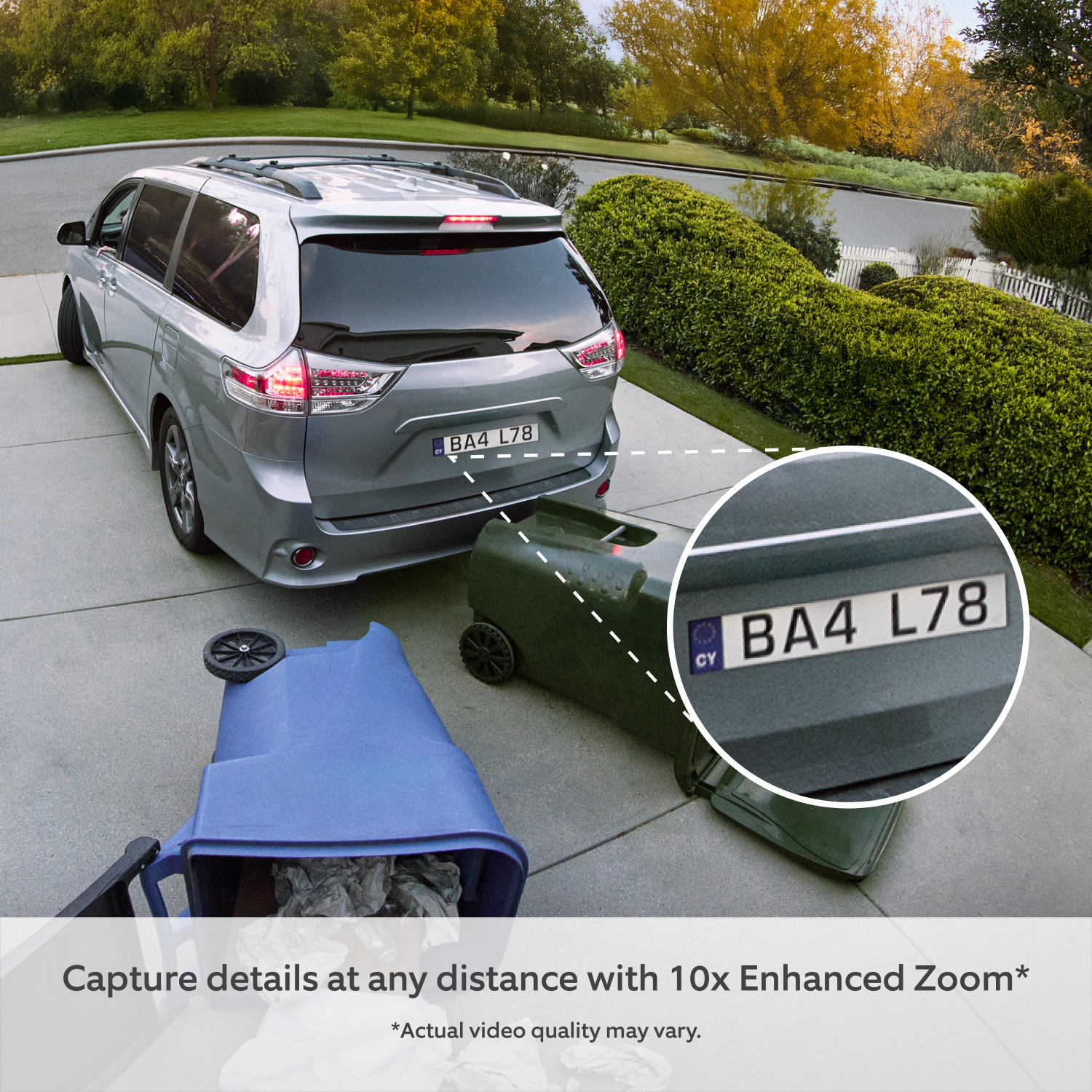 Spotlight Cam Pro Wired (newest gen) - Driveway with car reversing into bins. Zoomed-in view shows number plate, demonstrating 'Retinal Vision 4K with 10x Enhanced Zoom' capability