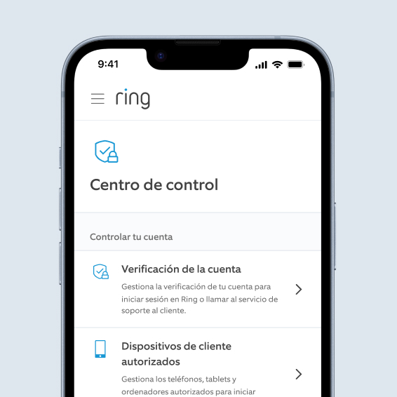 Teléfono mostrando el Centro de Control de Ring con opciones para gestionar verificación y dispositivos autorizados.