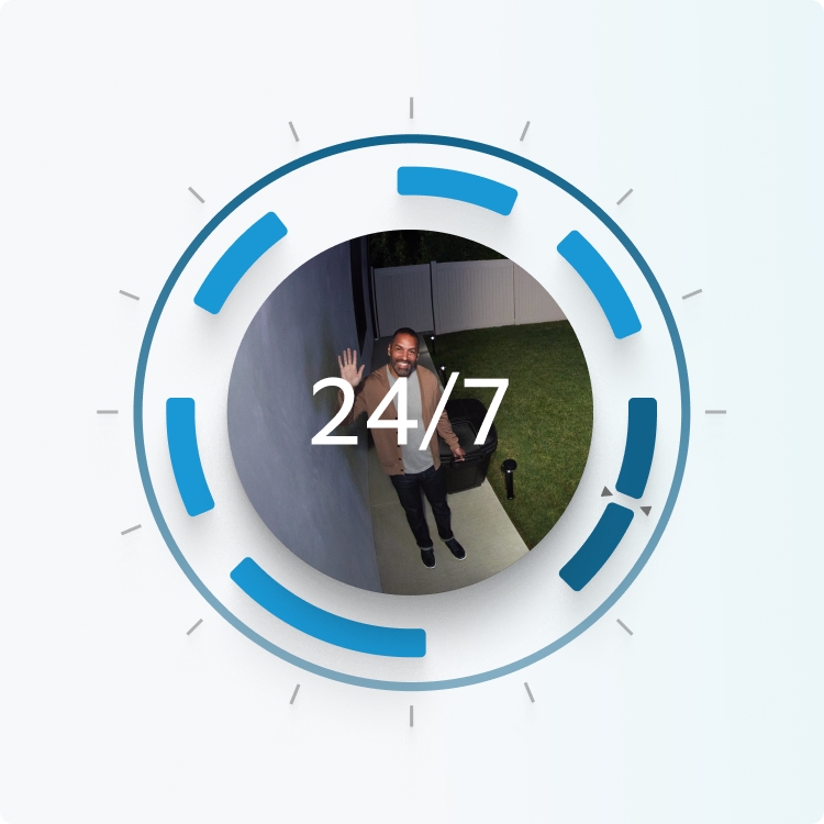 Man waves at doorbell camera at night, framed by 24/7 graphic symbolizing continuous Ring video recording.