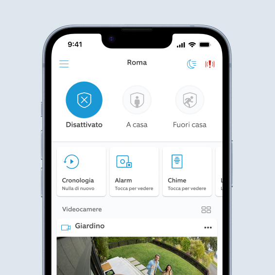 Dashboard Ring app mostra sistema disattivato con stato telecamera, allarme e Chime più anteprima telecamera giardino.