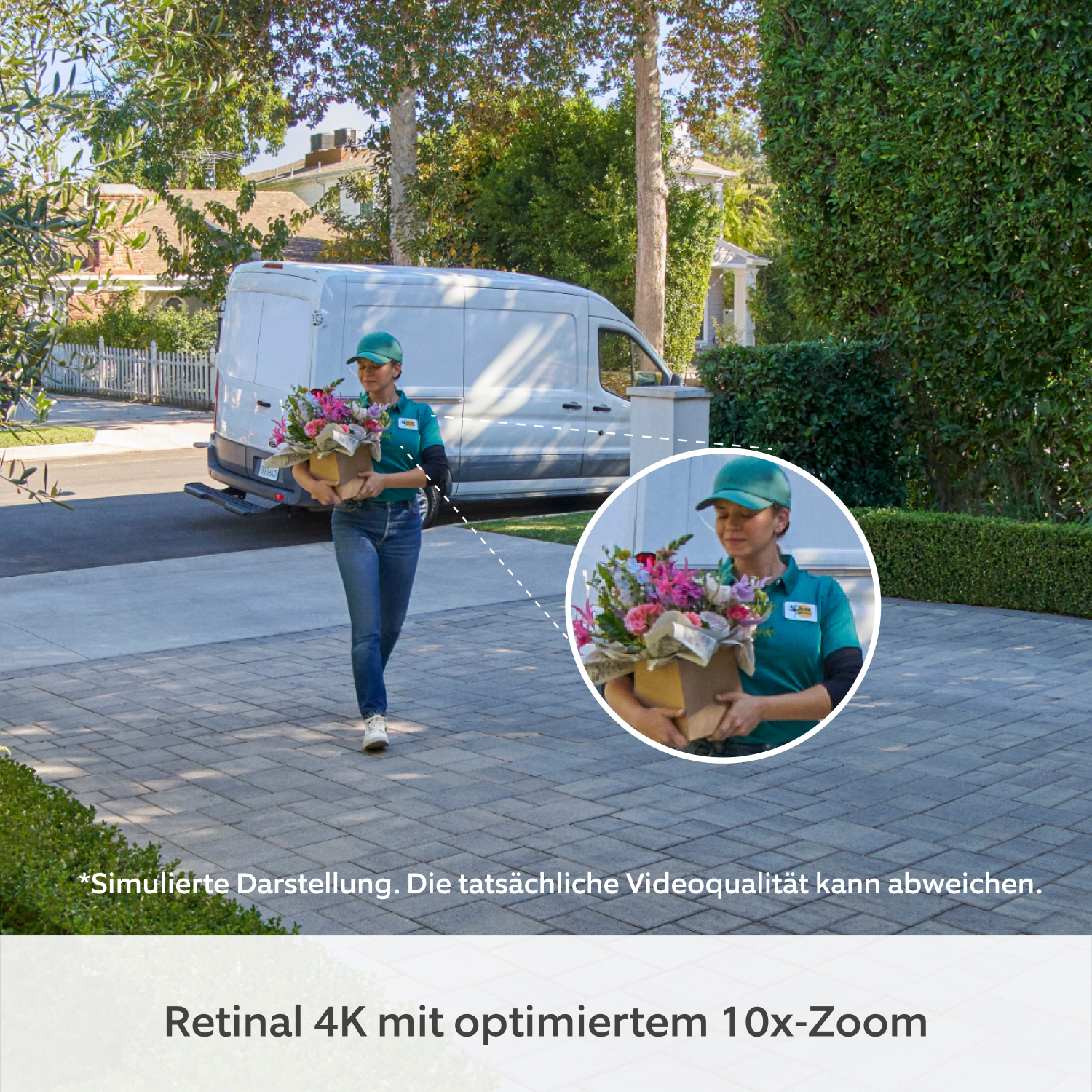 Akku-Videotürklingel Pro (neuste Generation) (for Battery Video Doorbell Pro) - Ein Zusteller betritt die Einfahrt mit einem Blumenstrauß; der Bildbereich wurde auf den Oberkörper vergrößert