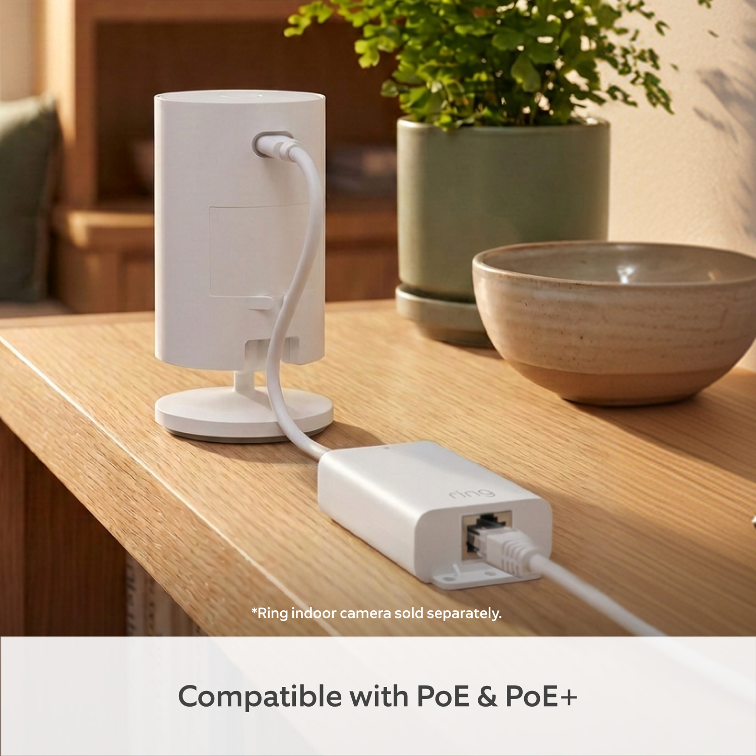 PoE+ to USB-C Indoor Adapter (Indoor Camera 4K and Outdoor Camera 4K Plus) - White PoE+ to USB-C Indoor Adapter connected by cable to a cylindrical Ring Indoor Camera on a wooden table with plant nearby