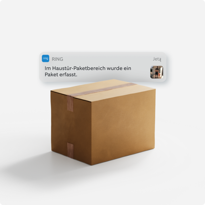 Ring-Benachrichtigung zeigt erkanntes Paket an der Haustür, mit KI-Objekterkennung für intelligente Meldungen.