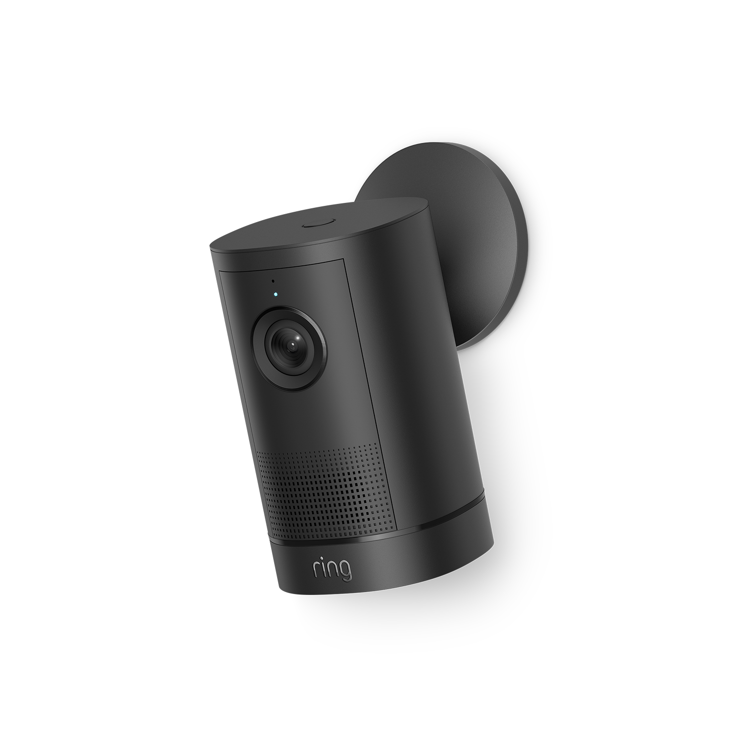 Outdoor Camera 4K Plus  - Black Ring Outdoor Camera 4K Plus Battery, mounted on a circular wall bracket against a white background, angled slightly downward