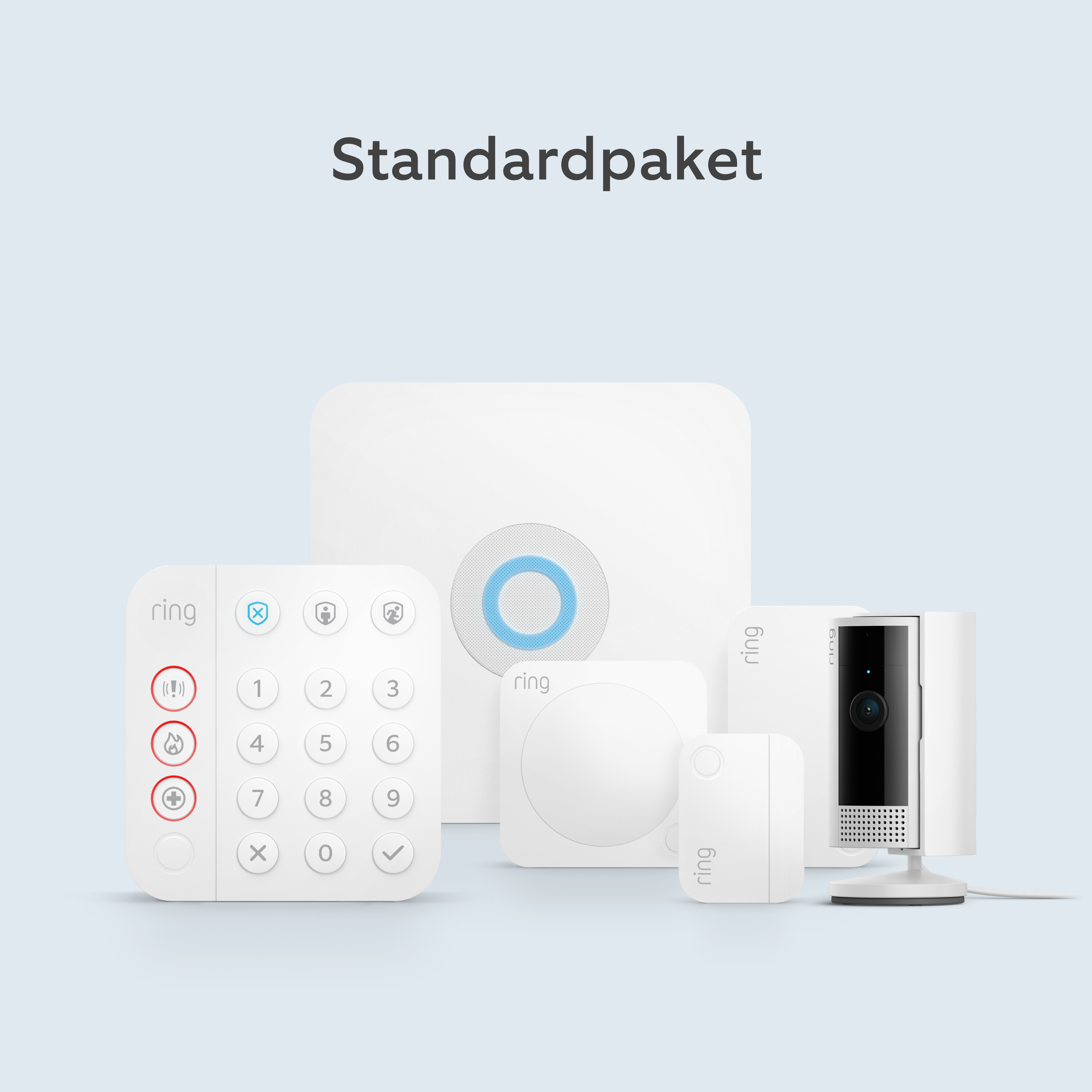 Ring Alarm und Indoor Camera Kit mit Basisstation, Sensoren, Tastatur und Kamera.