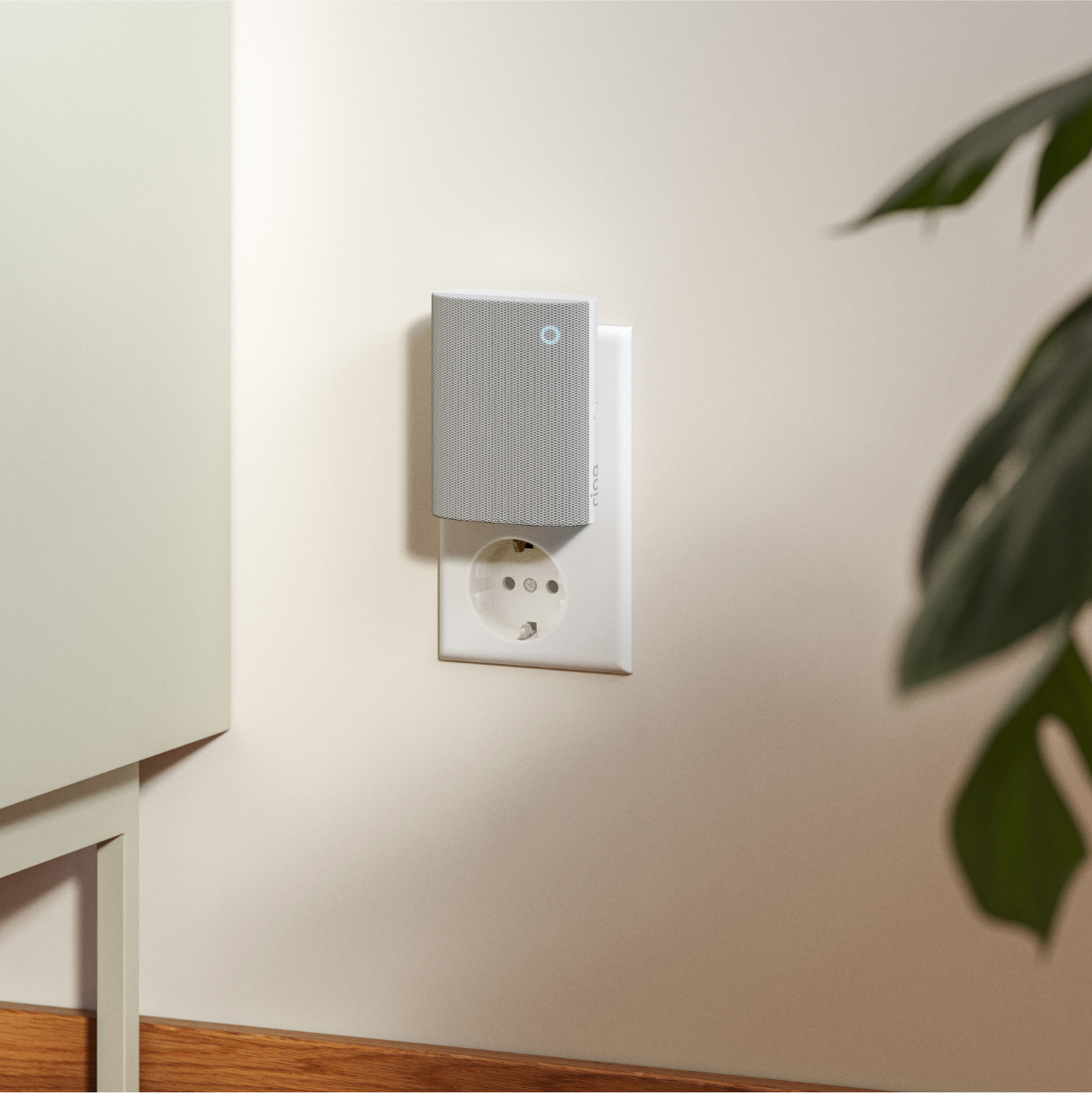 Chime (3rd Gen) - White Chime (3rd Gen) plugged into wall socket above skirting board, with plant and cabinet visible