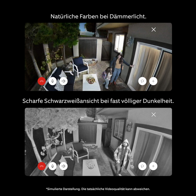 Ring-Kamera-Ansichten einer Terrasse: Farbbild bei Dämmerung und Schwarzweißbild bei Nacht.