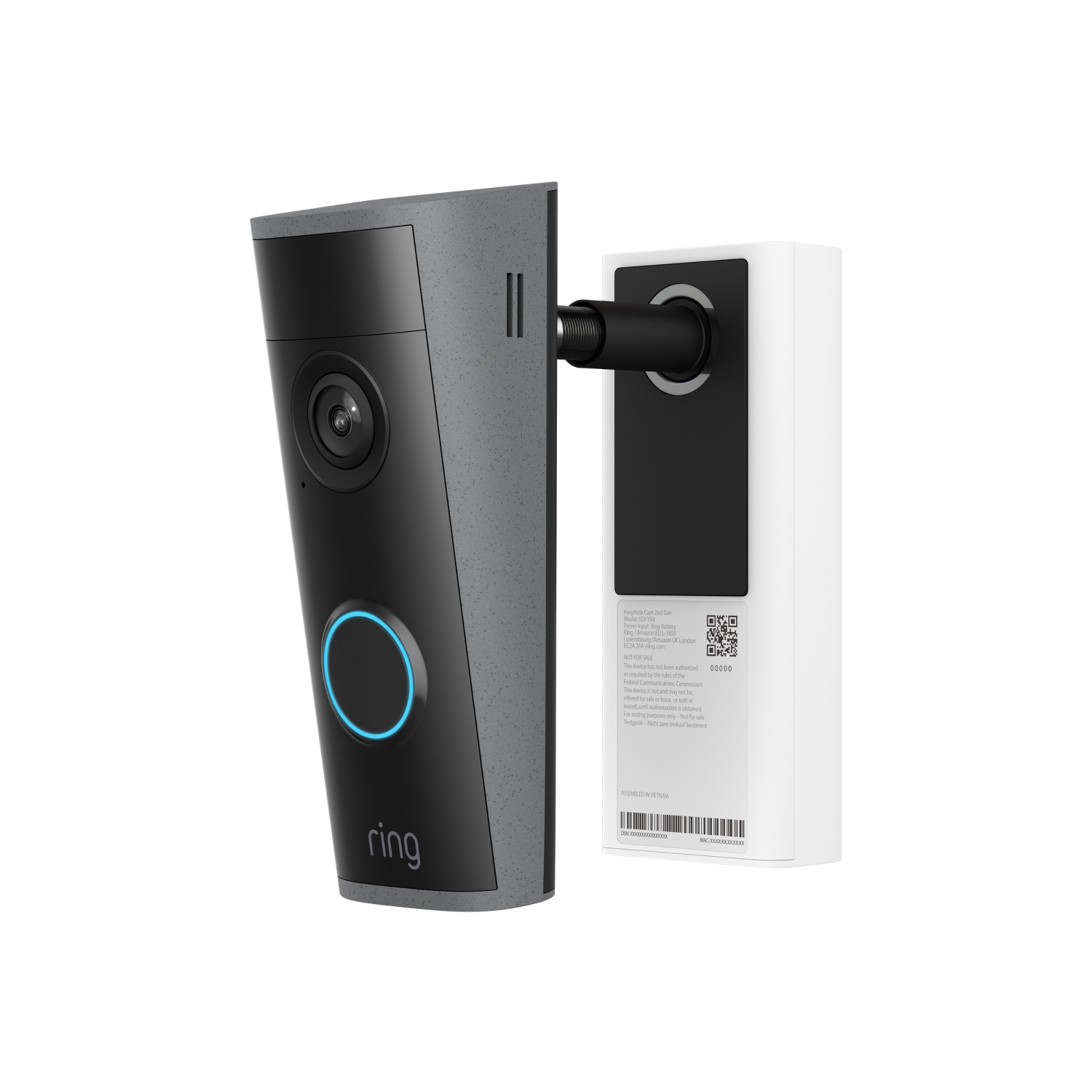 Peephole Camera 2K (32.5-60 mm) - Der Video-Türspion 2K in seinen Einzelteilen: Außenkamera, Türspion-Zylinder und innenliegendes Akkufach.