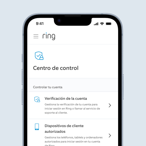 Smartphone shows Ring app Control Centre with options to manage account verification and authorised devices.