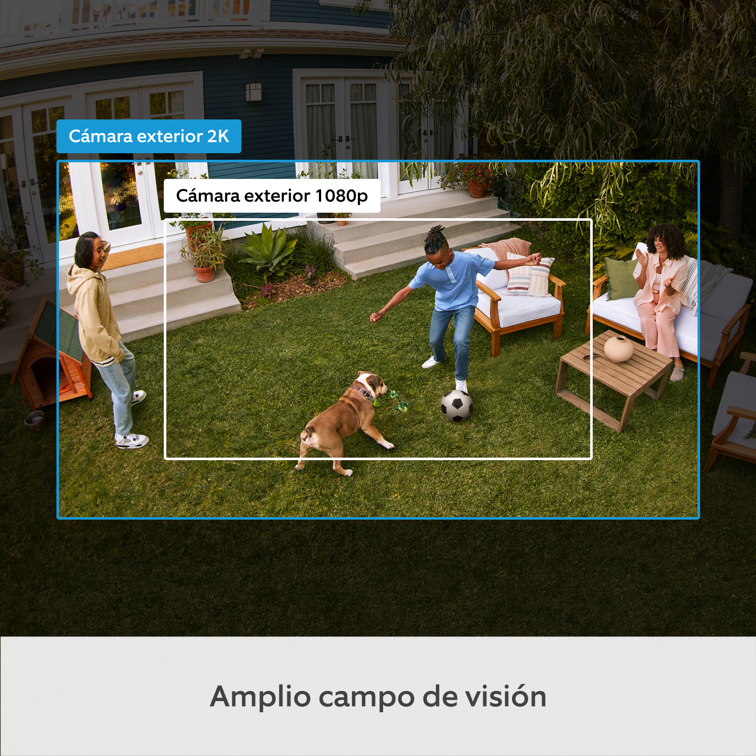 Cámara exterior con enchufe (última generación.) (for Outdoor Camera Plug-in) - Comparación de campos de visión de Ring Outdoor Cam 2K y 1080p en jardín con familia y perro; 2K captura más escena.