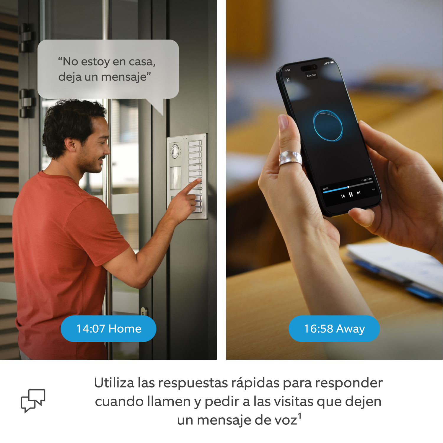 Ring Intercom Audio + Batería recargable - Una pantalla dividida entre un runner que llama al interfono principal y escucha un mensaje pregrabado (de respuesta rápida) y una estudiante que más tarde escucha el mensaje de voz que ha dejado el runner.