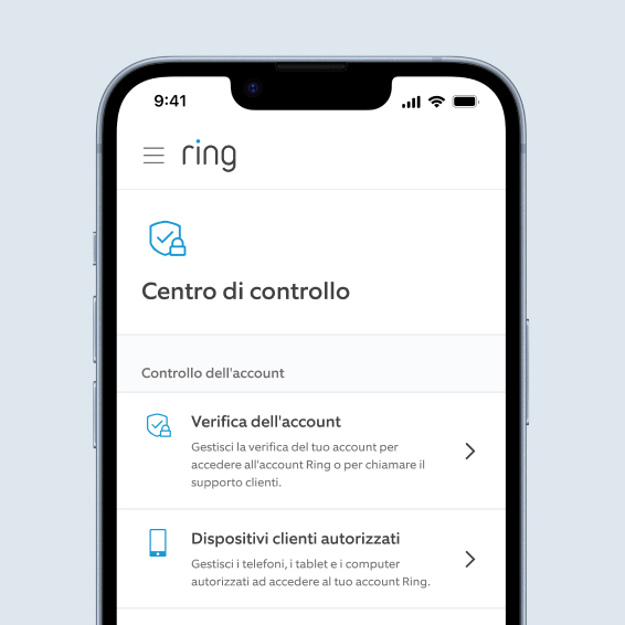 Centro di controllo dell'app Ring con opzioni per gestire la verifica dell'account e i dispositivi autorizzati.
