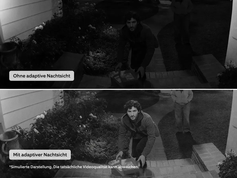 Geteilter Bildschirm zeigt Paketdiebstahlversuch. Oberes Bild ohne Nachtsicht dunkel, unteres Bild mit Nachtsicht hell und klar